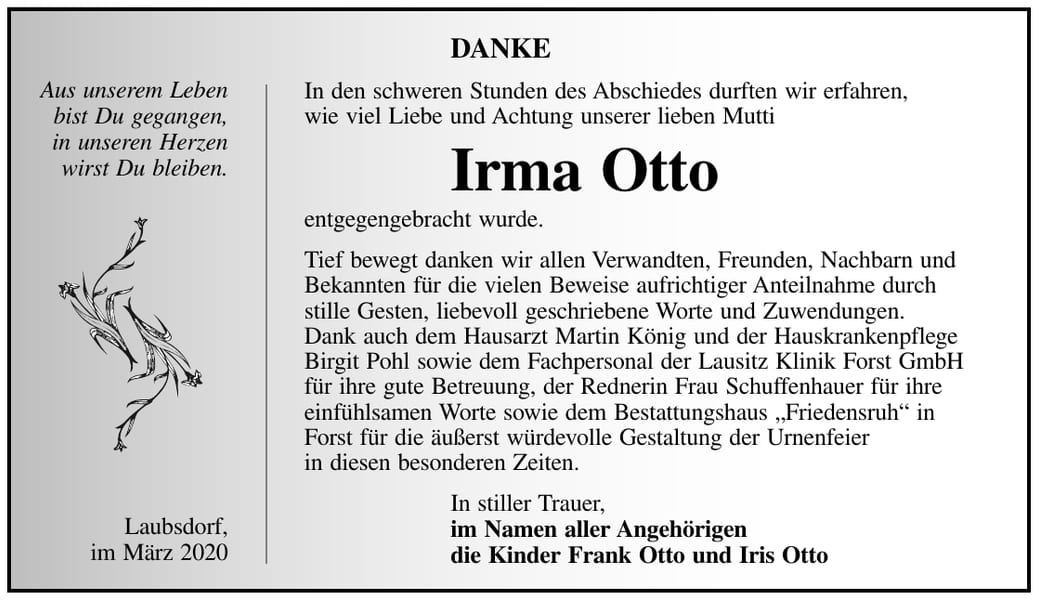 Danksagung Irma Otto