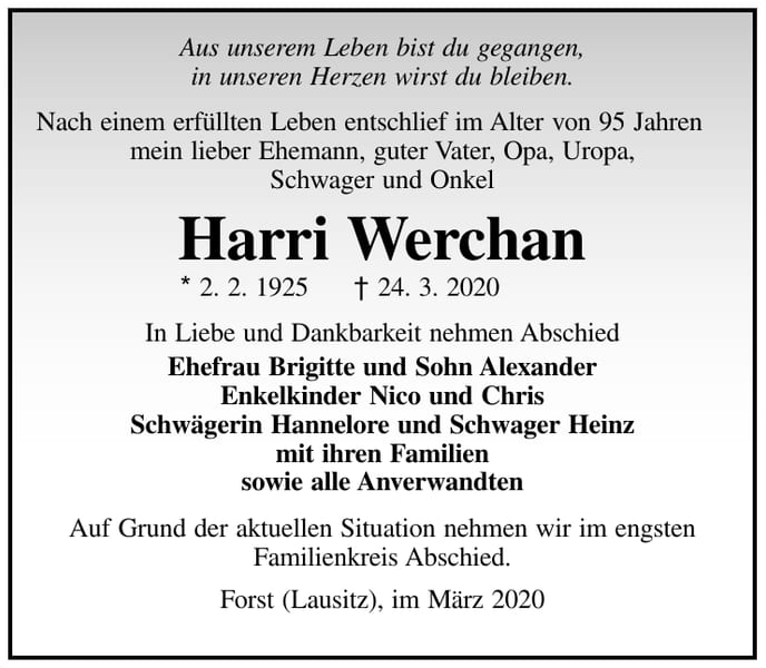 Traueranzeige Harri Werchan