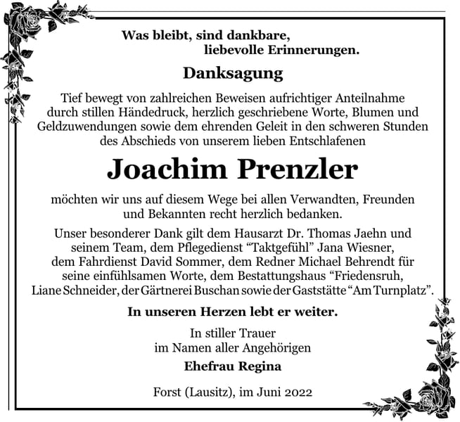 Danksagung Joachim Prenzler