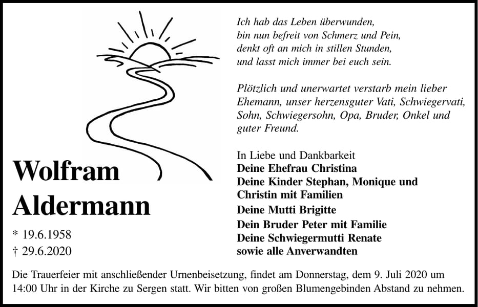 Traueranzeige Wolfram Aldermann