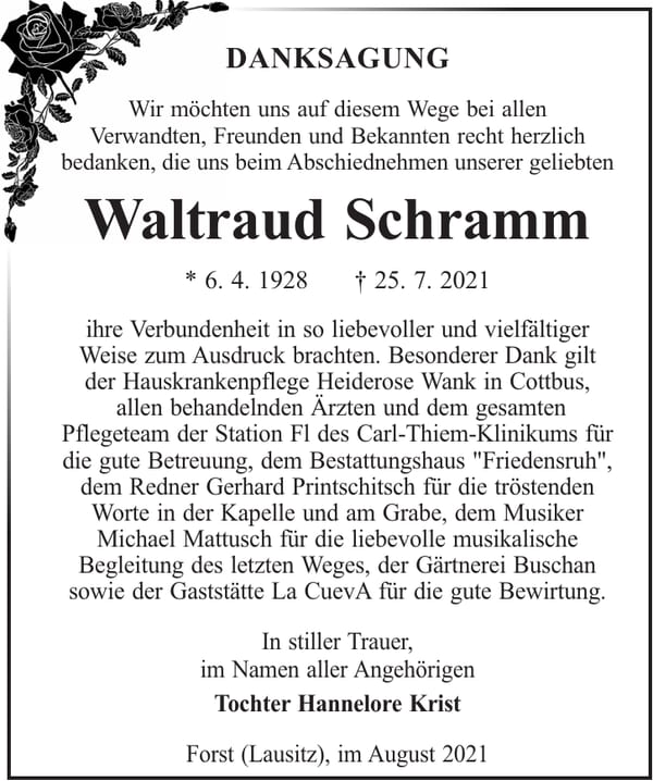 Danksagung Waltraud Schramm