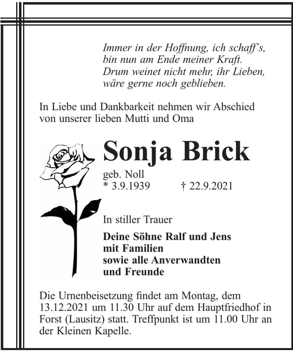 Traueranzeige Sonja Brick, geb. Noll