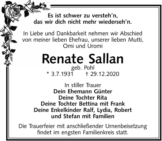 Traueranzeige Renate Sallan, geb. Pohl