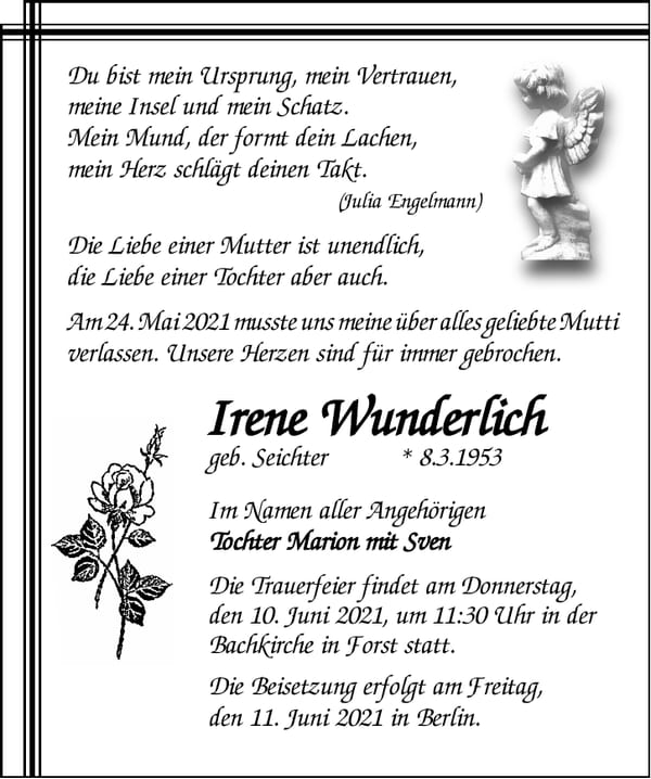 Traueranzeige Irene Wunderlich, geb. Seichter