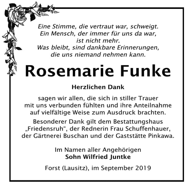 Danksagung Rosemarie Funke