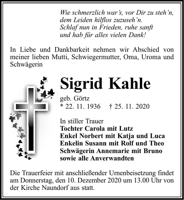 Traueranzeige Sigrid Kahle, geb. Görtz