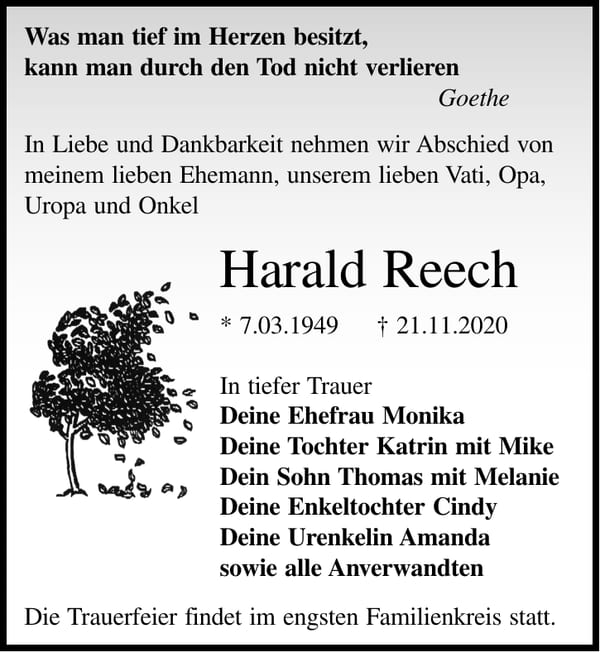 Traueranzeige Harald Reech