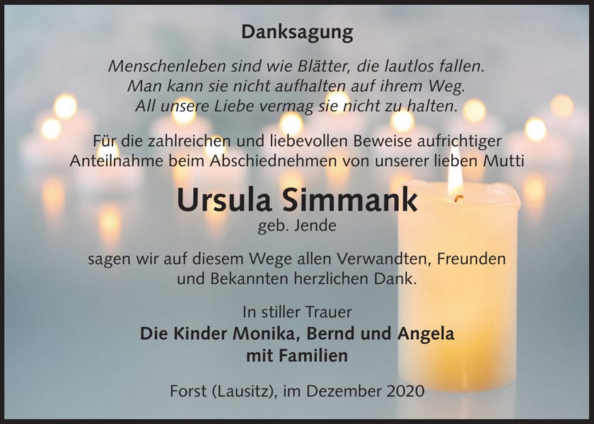 Traueranzeige Ursula Simmank, geb. Jende