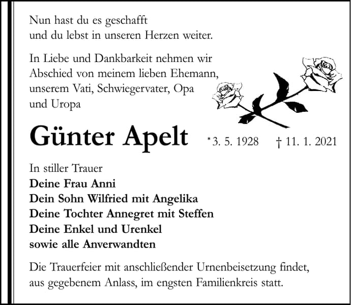 Traueranzeige Günter Apelt