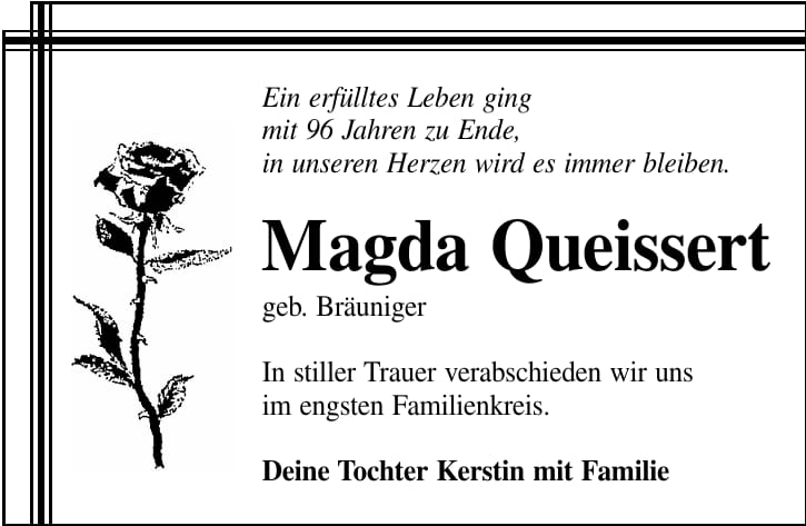 Traueranzeige Magda Queissert, geb. Bräuniger