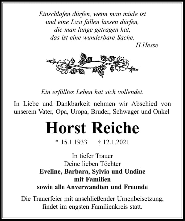 Traueranzeige Horst Reiche