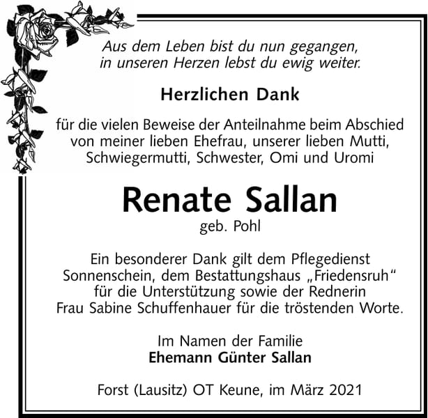 Danksagung Renate Sallan, geb. Pohl