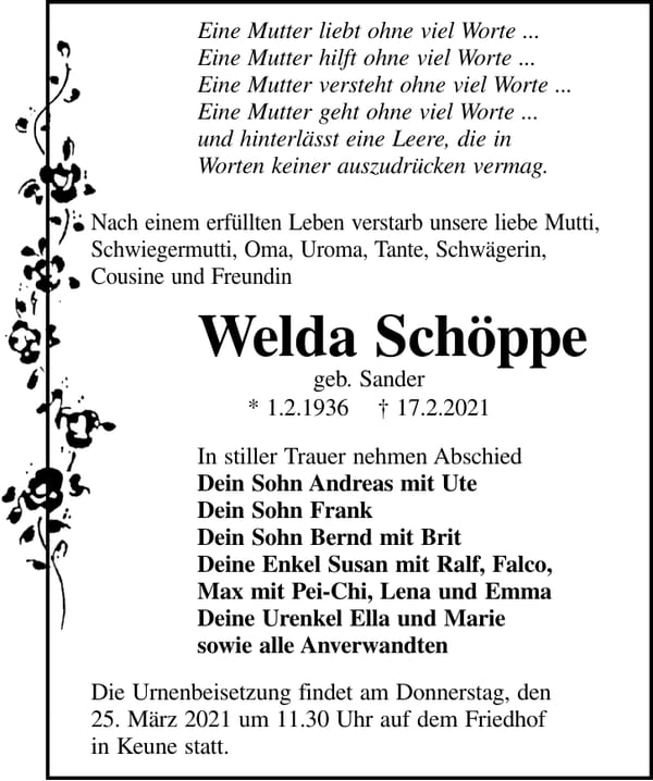 Traueranzeige Welda Schöppe, geb. Sander