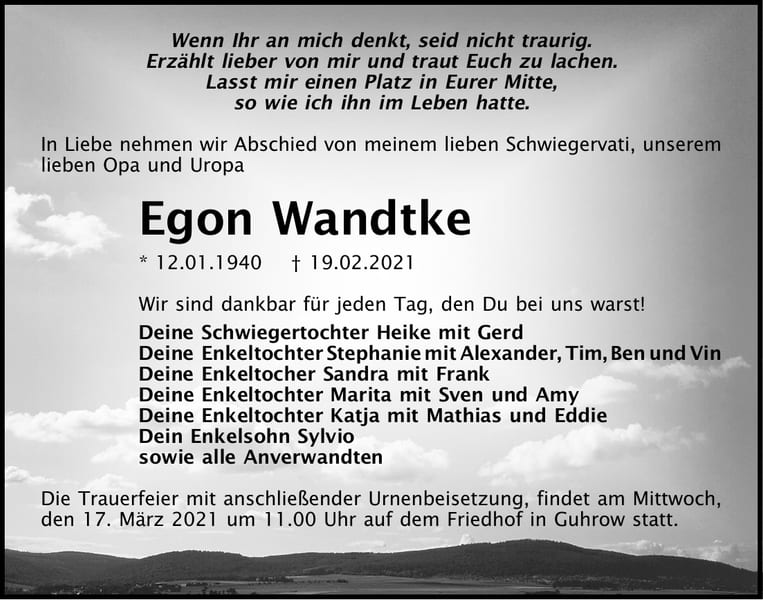 Traueranzeige Egon Wandtke