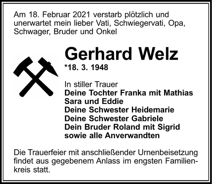 Traueranzeige Gerhard Welz