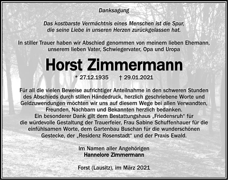 Danksagung Horst Zimmermann