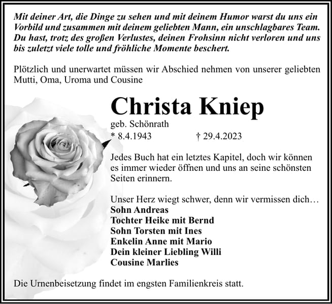 Traueranzeige Christa Kniep, geb. Schönrath