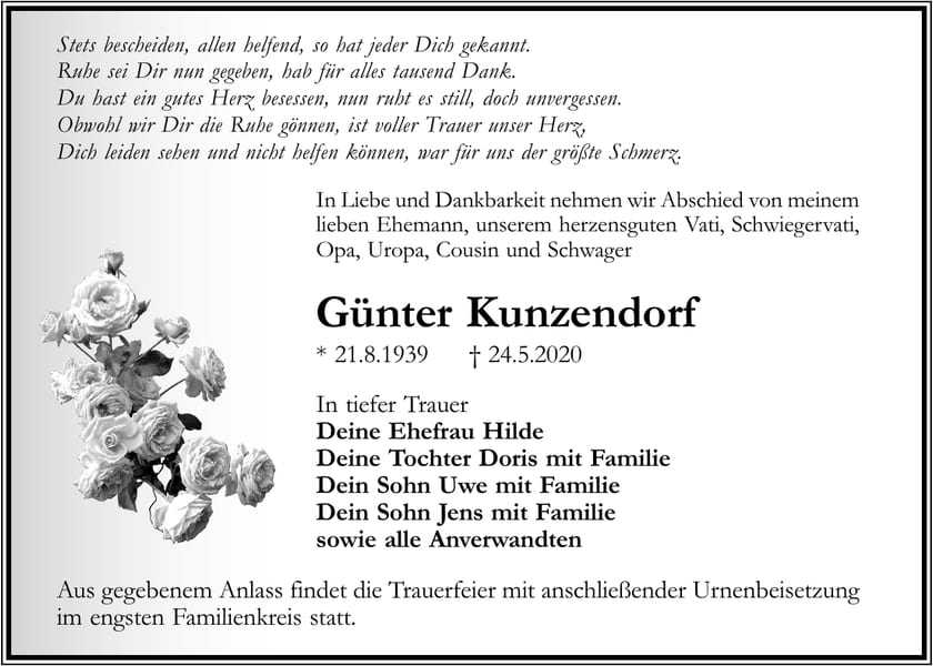 Traueranzeige Günter Kunzendorf