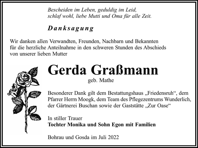 Danksagung Gerda Graßmann, geb. Mathe