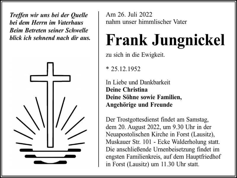 Traueranzeige Frank Jungnickel