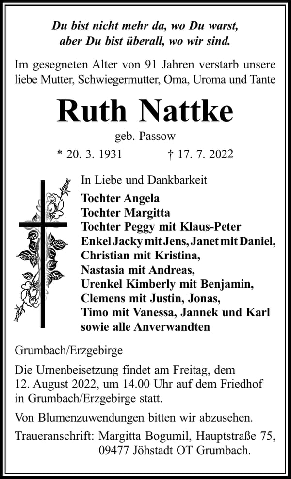 Traueranzeige Ruth Nattke, geb. Passow