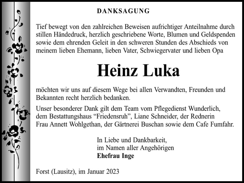 Traueranzeige Heinz Luka