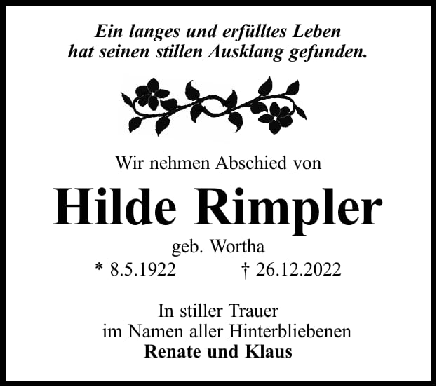 Traueranzeige Hilde Rimpler, geb. Wortha