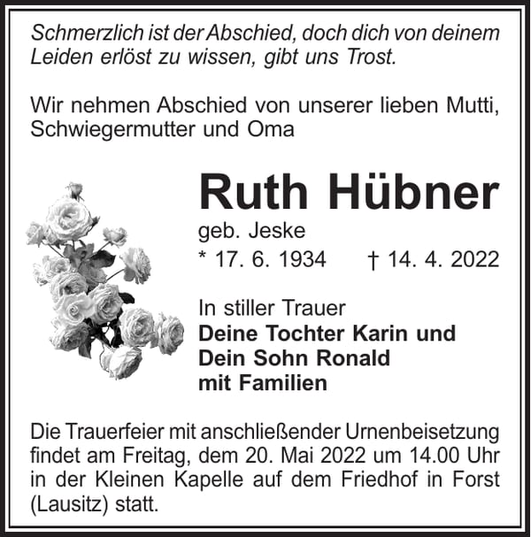 Traueranzeige Ruth Hübner, geb. Jeske