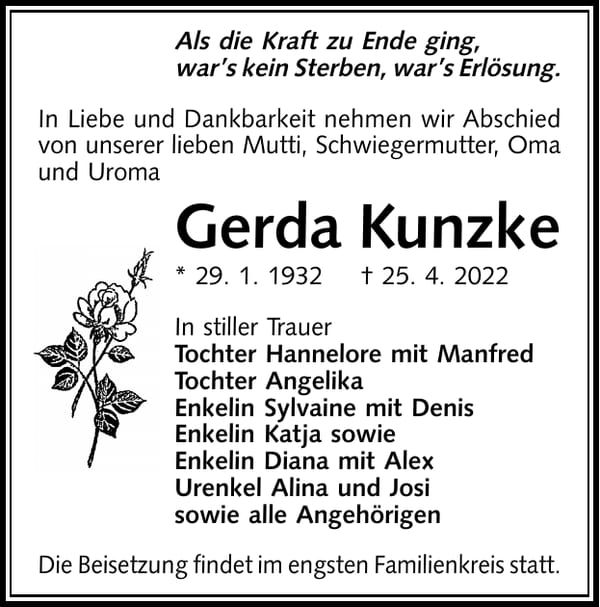 Traueranzeige Gerda Kunzke