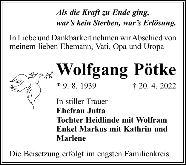 Traueranzeige Wolfgang Pötke