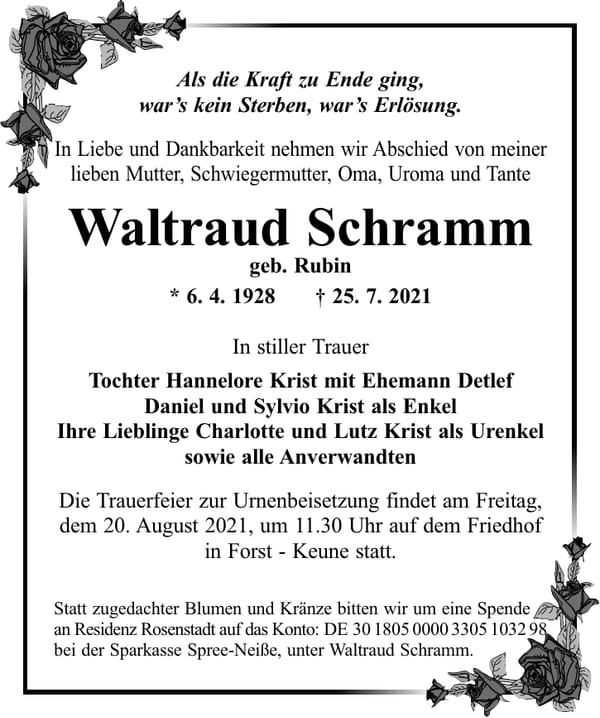 Traueranzeige Waltraud Schramm, geb. Rubin