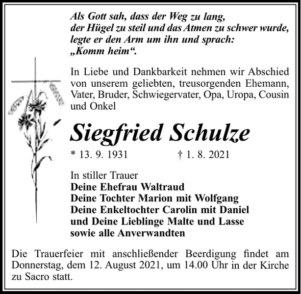 Traueranzeige Siegfried Schulze