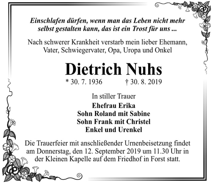 Traueranzeige Dietrich Nuhs