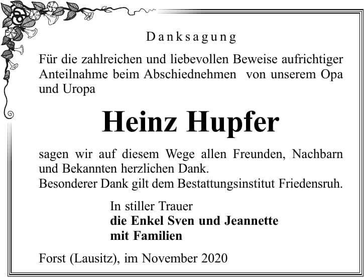 Danksagung Heinz Hupfer