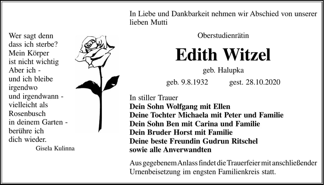 Traueranzeige Edith Witzel, geb. Halupka