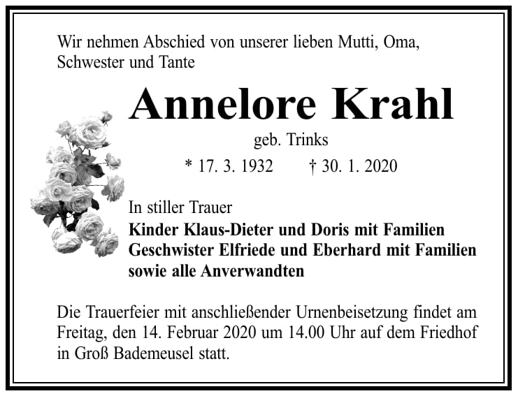 Traueranzeige Annelore Krahl, geb. Trinks