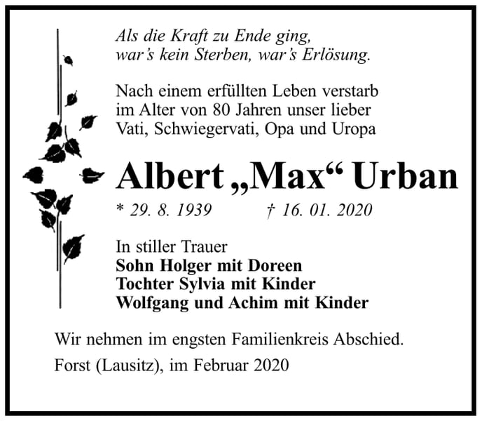 Traueranzeige Albert „Max“ Urban