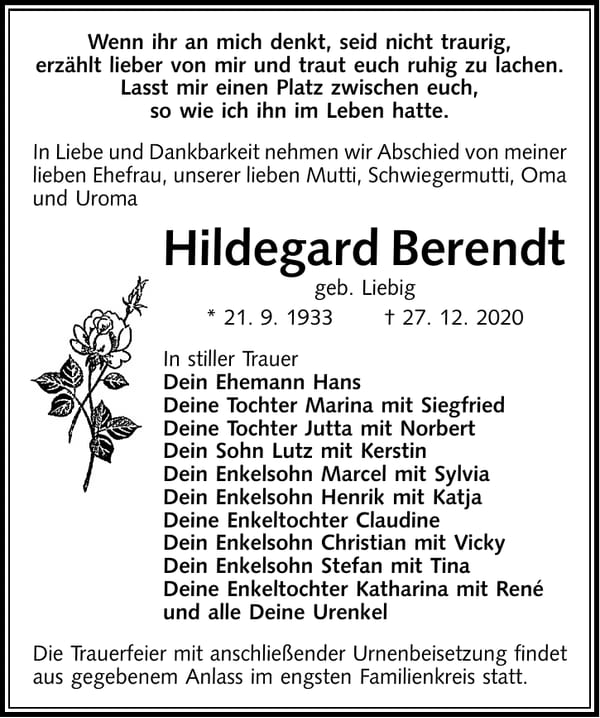 Traueranzeige Hildegard Berendt, geb. Liebig