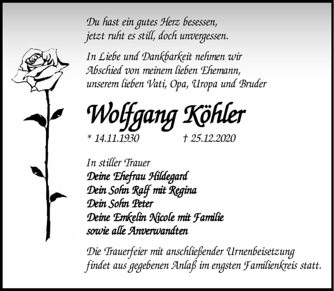 Traueranzeige Wolfgang Köhler