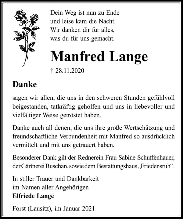 Danksagung Manfred Lange