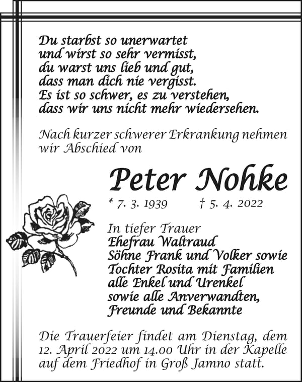 Traueranzeige Peter Nohke