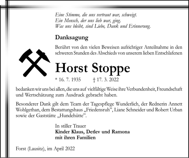 Danksagung Horst Stoppe