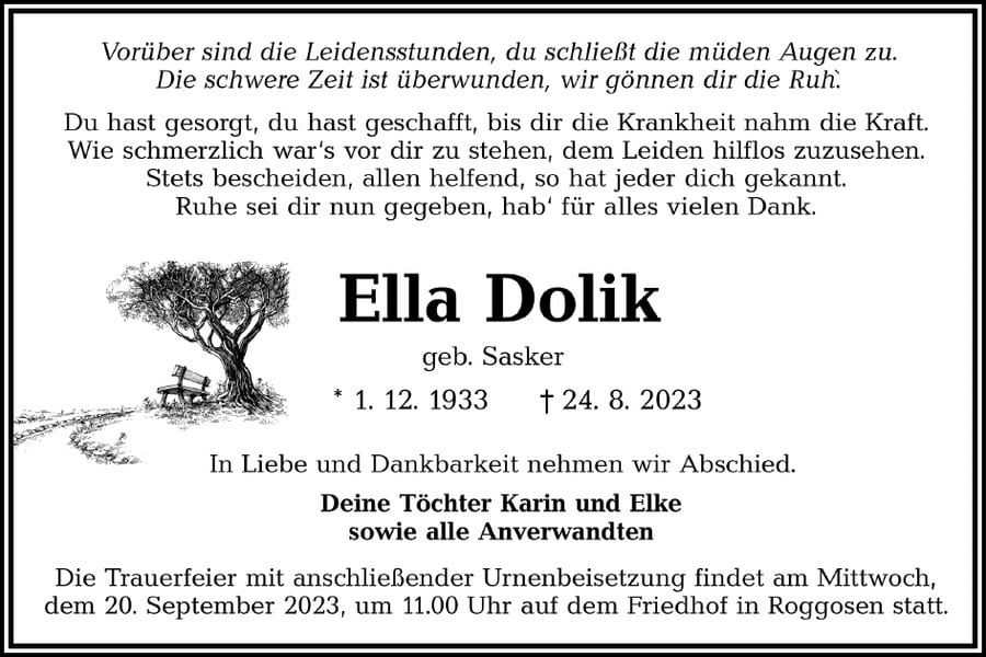 Traueranzeige Ella Dolik, geb. Sasker