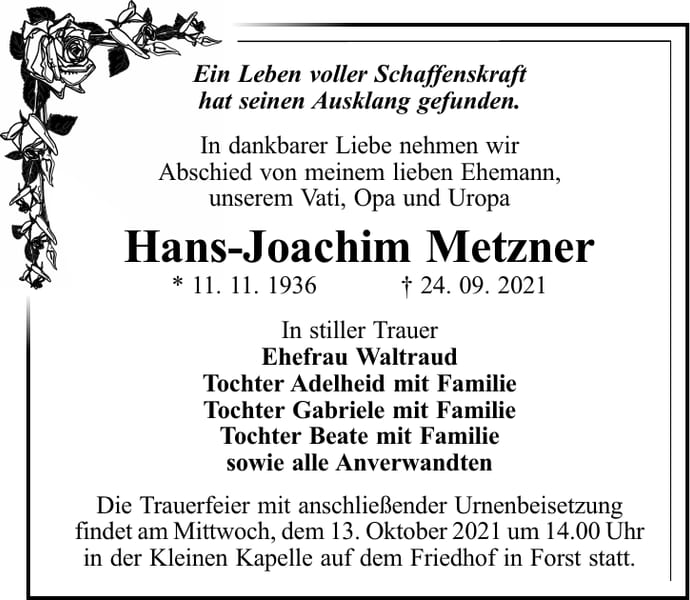 Traueranzeige Hans-Joachim Metzner