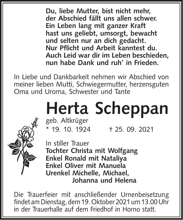 Traueranzeige Herta Scheppan, geb. Altkrüger