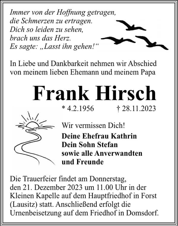 Traueranzeige Frank Hirsch