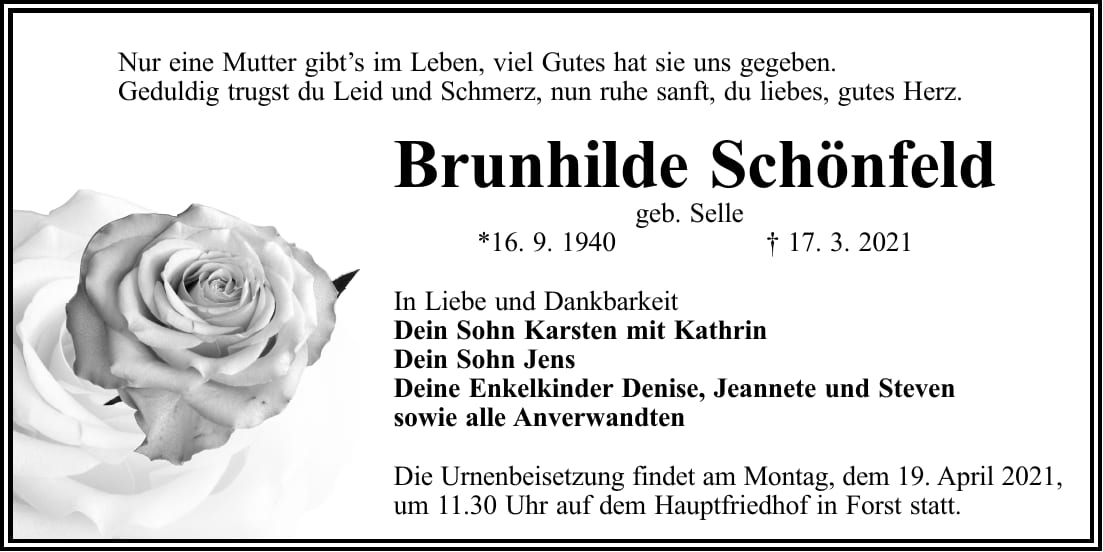 Traueranzeige Brunhilde Schönfeld, geb. Selle