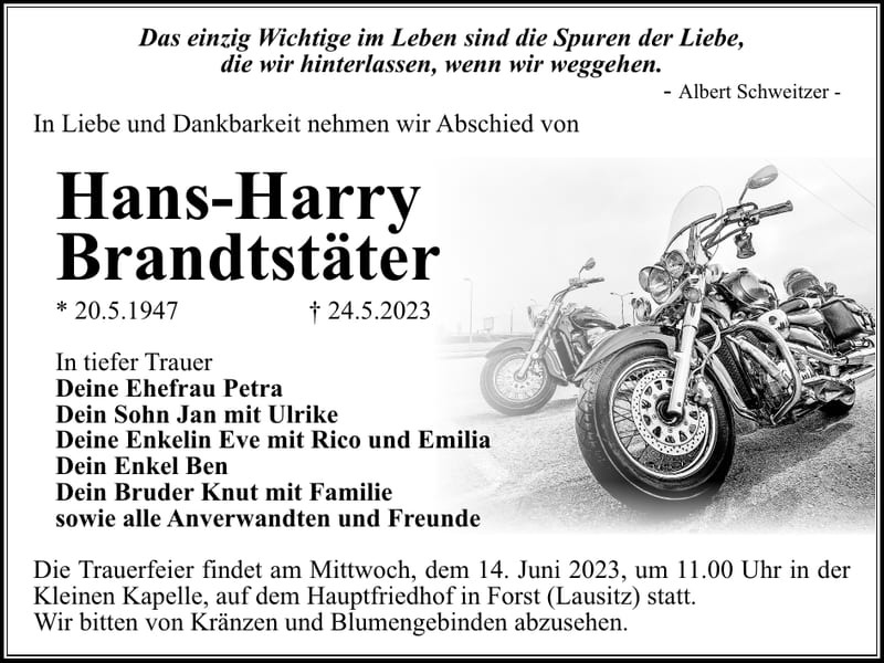 Traueranzeige Hans-Harry Brandtstäter