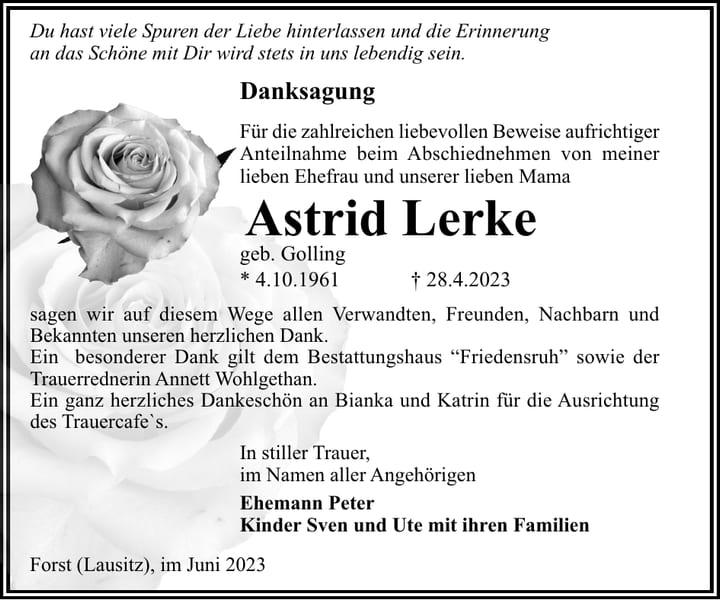 Danksagung Astrid Lerke, geb. Golling