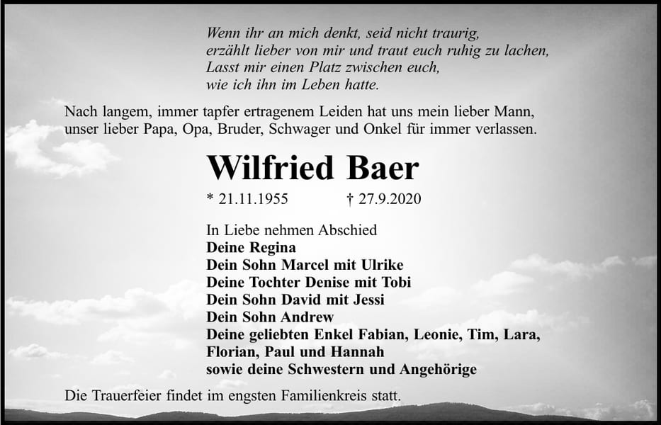 Traueranzeige Wilfried Baer